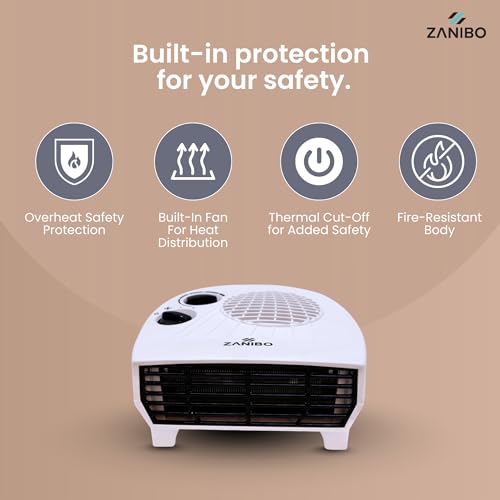 Zanibo | Since 1997 | 2000 Watt Portable Electric Room Fan Heater with 2 Heating Settings (1000/2000W) | Adjustable Thermostat, Overheat Protection | Fast Heating for Office (ZEH-1120) - Image 5