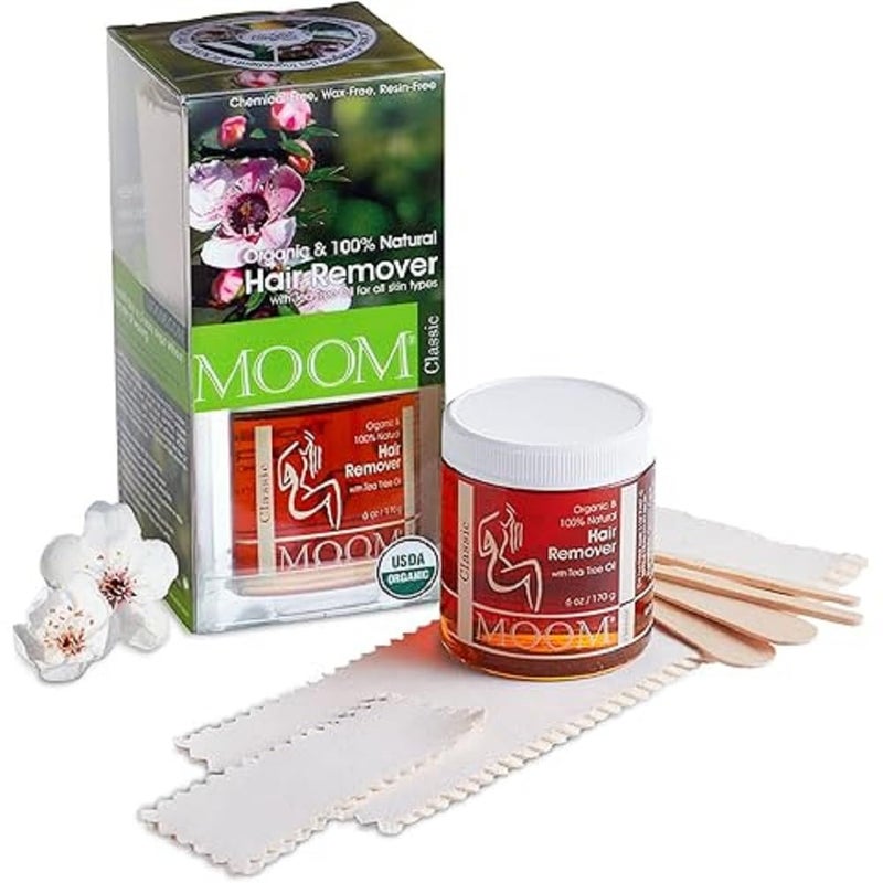 MOOM - Organic Sugar Wax Hair Removal Kit for Underarm, Face & Bikini, Infused with Tea Tree Oil, Includes Wax Strips & Sticks, Ideal for Sensitive Skin - 6 oz - Image 1