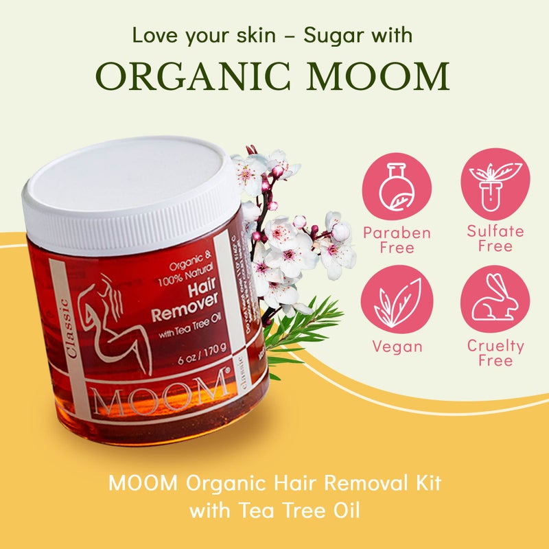 MOOM - Organic Sugar Wax Hair Removal Kit for Underarm, Face & Bikini, Infused with Tea Tree Oil, Includes Wax Strips & Sticks, Ideal for Sensitive Skin - 6 oz - Image 2