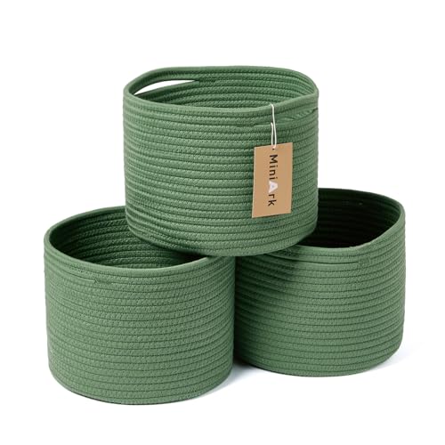 MiniArk Small Basket for Organizing | Cube Shelf Closet Storage Baskets | 9.7×9.7×7.1” | Woven Rope Gift Basket | Nursery | Round 3 Packs Green - Image 1