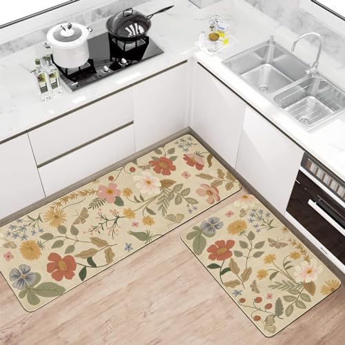 Xsinufn Boho Kitchen Mat Set of 2,Strawberry Floral Modern Farmhouse Kitchen Rugs and Mats Non Skid Washable,Bohemia Runner Rugs with Rubber Backing for Kitchen Decor Accessories (17"x47"+17"x30") - Image 2