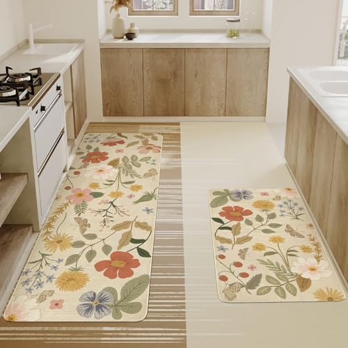 Xsinufn Boho Kitchen Mat Set of 2,Strawberry Floral Modern Farmhouse Kitchen Rugs and Mats Non Skid Washable,Bohemia Runner Rugs with Rubber Backing for Kitchen Decor Accessories (17"x47"+17"x30") - Image 3