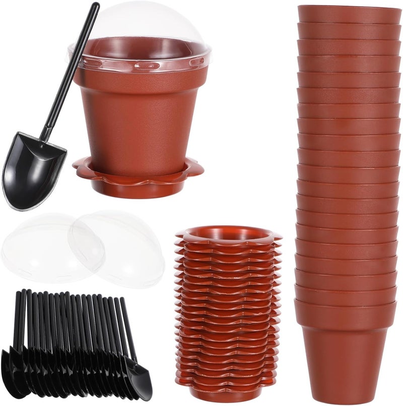 IMIKEYA 20pcs Flower Pot Cupcake Cups with Lid Tray Shovel Spoon Plastic Dessert Containers for Ice Cream Yogurt Mousse for Parties and Events - Image 1