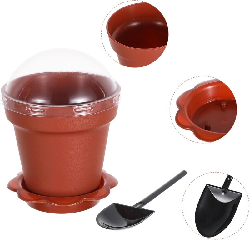 IMIKEYA 20pcs Flower Pot Cupcake Cups with Lid Tray Shovel Spoon Plastic Dessert Containers for Ice Cream Yogurt Mousse for Parties and Events - Image 2