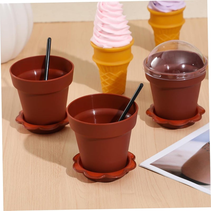 IMIKEYA 20pcs Flower Pot Cupcake Cups with Lid Tray Shovel Spoon Plastic Dessert Containers for Ice Cream Yogurt Mousse for Parties and Events - Image 4
