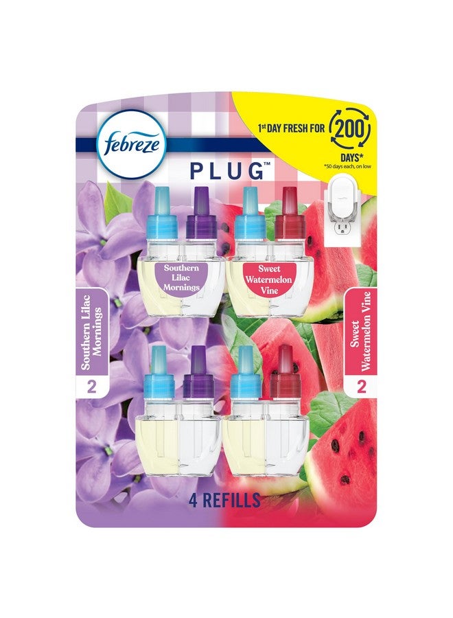 Febreze Odor-Fighting Fade Defy PLUG Air Freshener, Southern Lilac Mornings, Sweet Watermelon Vine, Pack of 4 (2 of Each), .79 fl. oz. Oil Refill - Image 1
