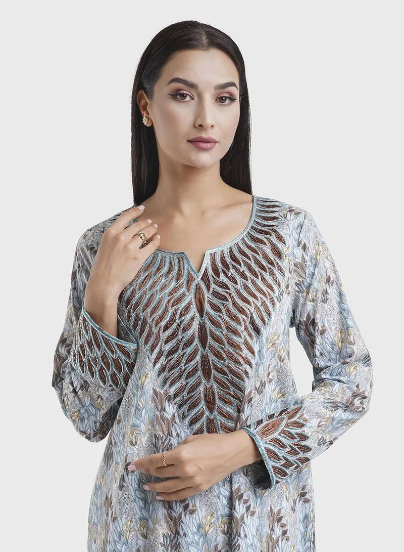 KASHKHA Blue Garden Print Cotton Embroidered Jalabiya (VG2257)