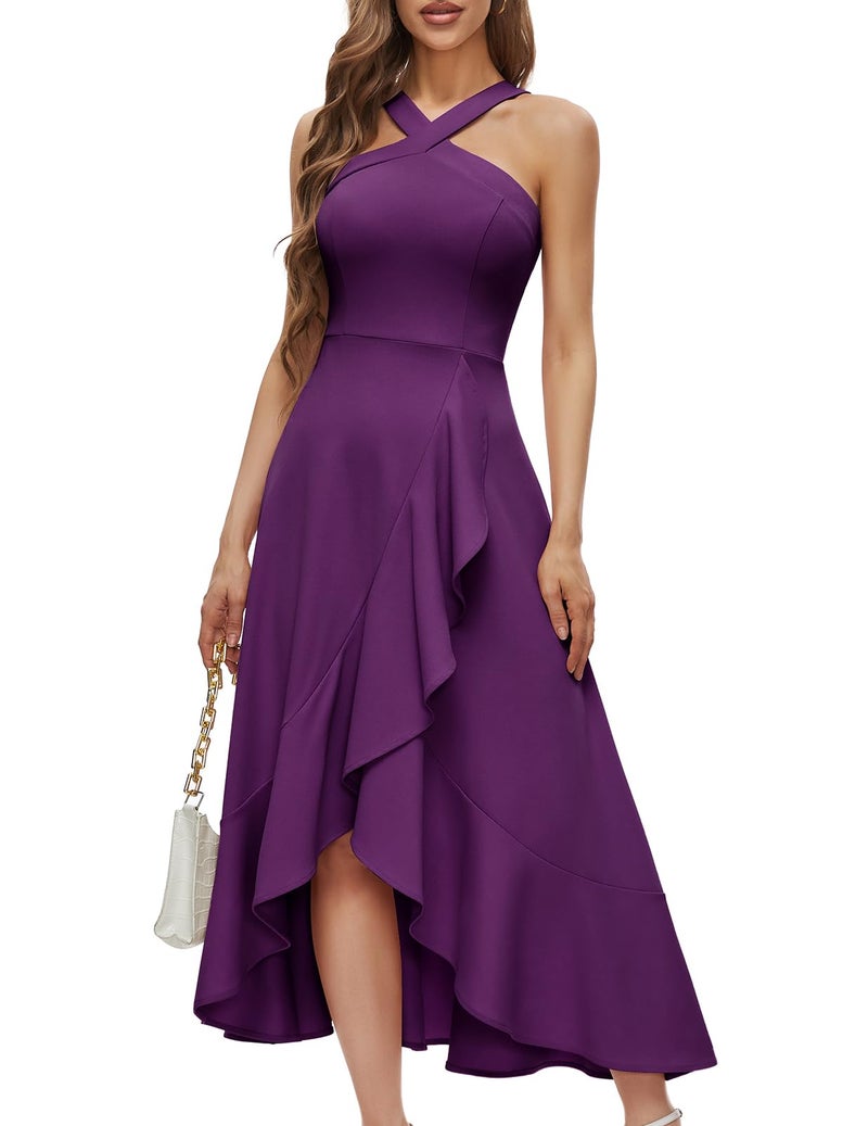 Bbonlinedress Purple Halter Cocktail Formal Prom Homecoming Dress Women Evening Party Wedding Guest Ruffled Maxi Dress Grape M - Image 1