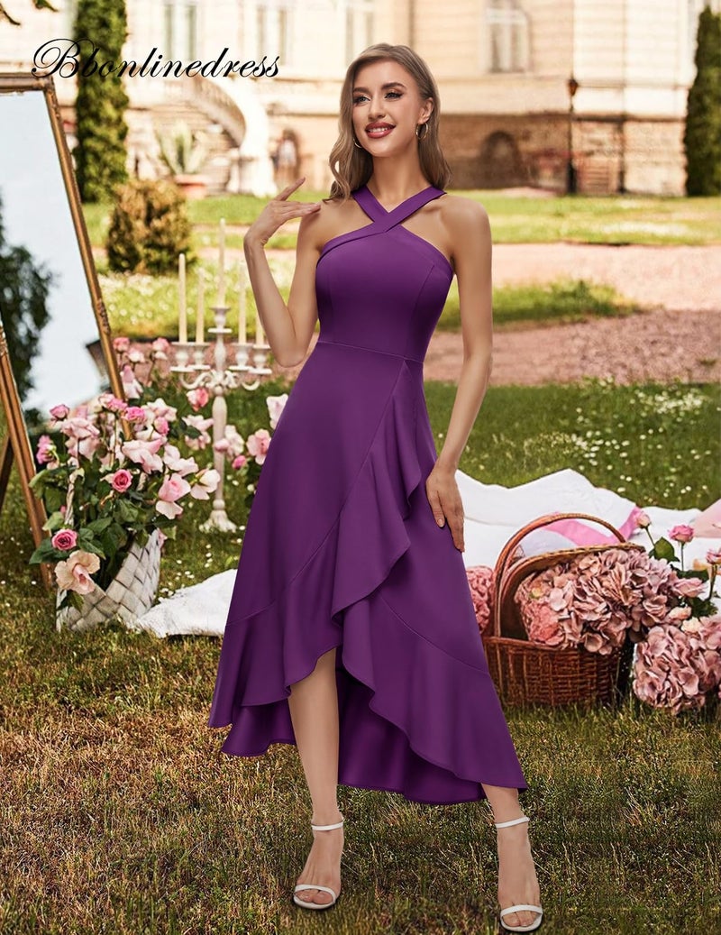 Bbonlinedress Purple Halter Cocktail Formal Prom Homecoming Dress Women Evening Party Wedding Guest Ruffled Maxi Dress Grape M - Image 2