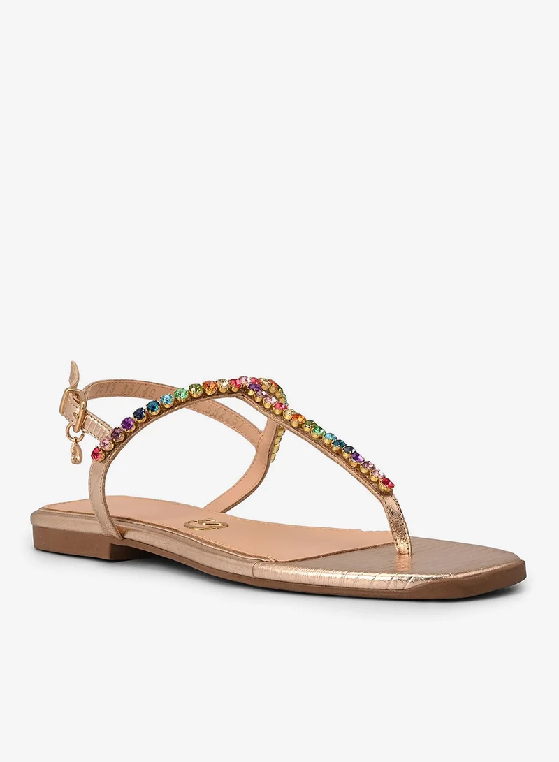 Carmen Steffens Golden Flat Sandal with Crystals