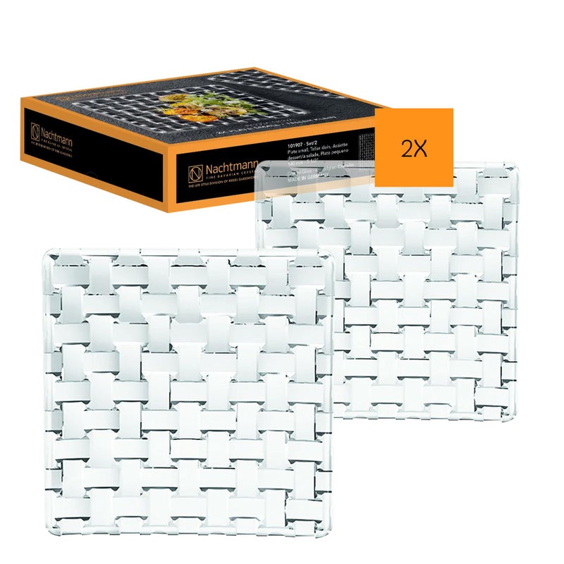 مجموعة نختمان بوسا نوفا صحن زجاجي 55 إنش مصنوع من كريستال شفاف صحن تقديم للكعك والحلويات تصميم زجاجي منسوج مربع مجموعة من 2