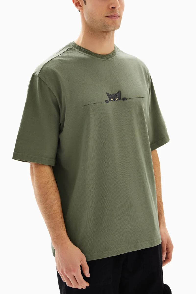 Wecre8 Olive Green Cat Printed T-shirt By WECRE8