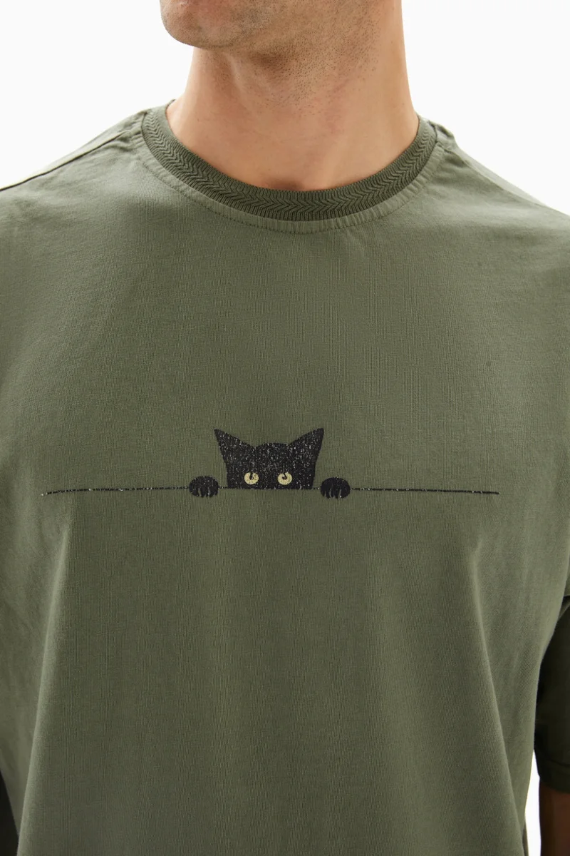 Wecre8 Olive Green Cat Printed T-shirt By WECRE8