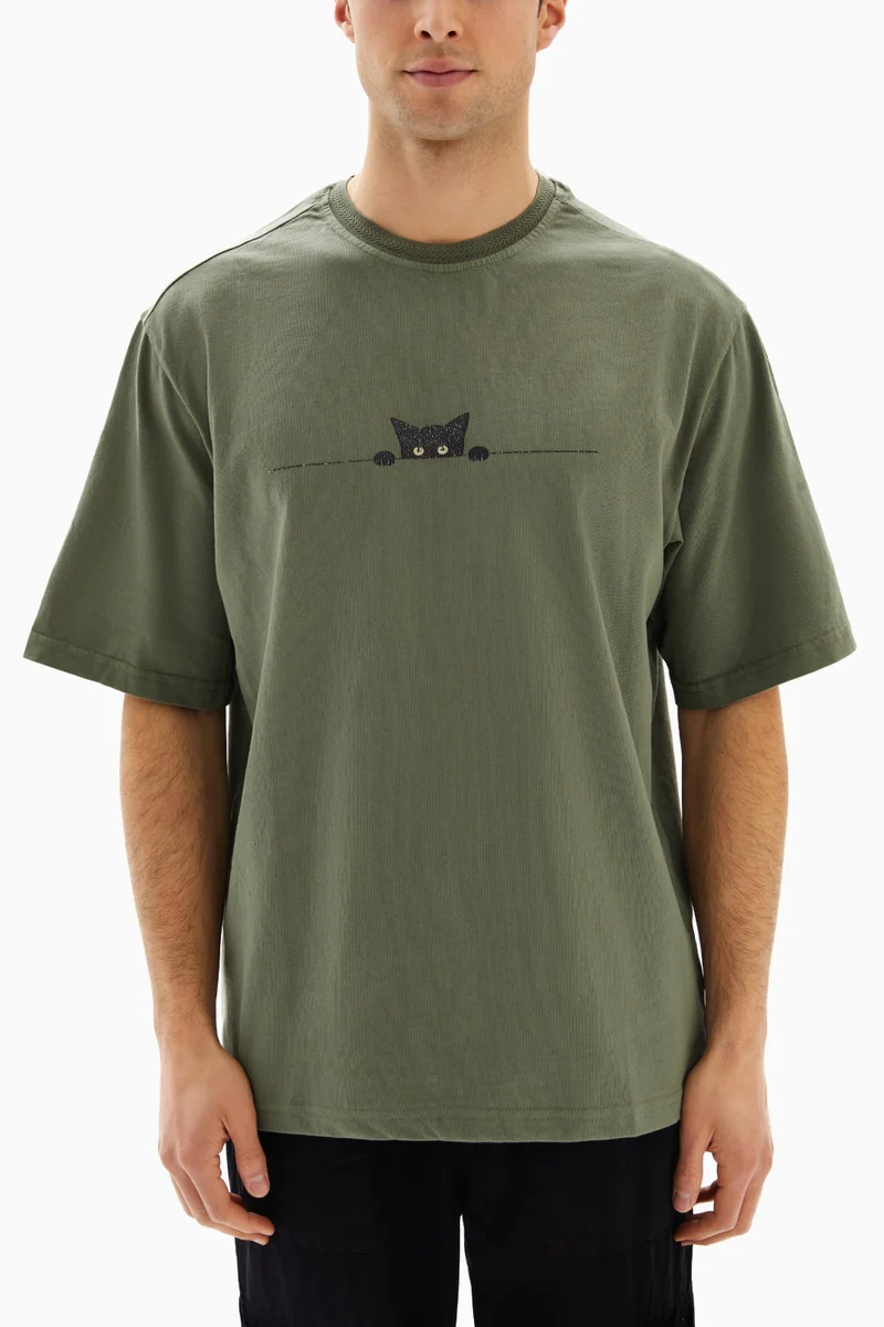 Wecre8 Olive Green Cat Printed T-shirt By WECRE8
