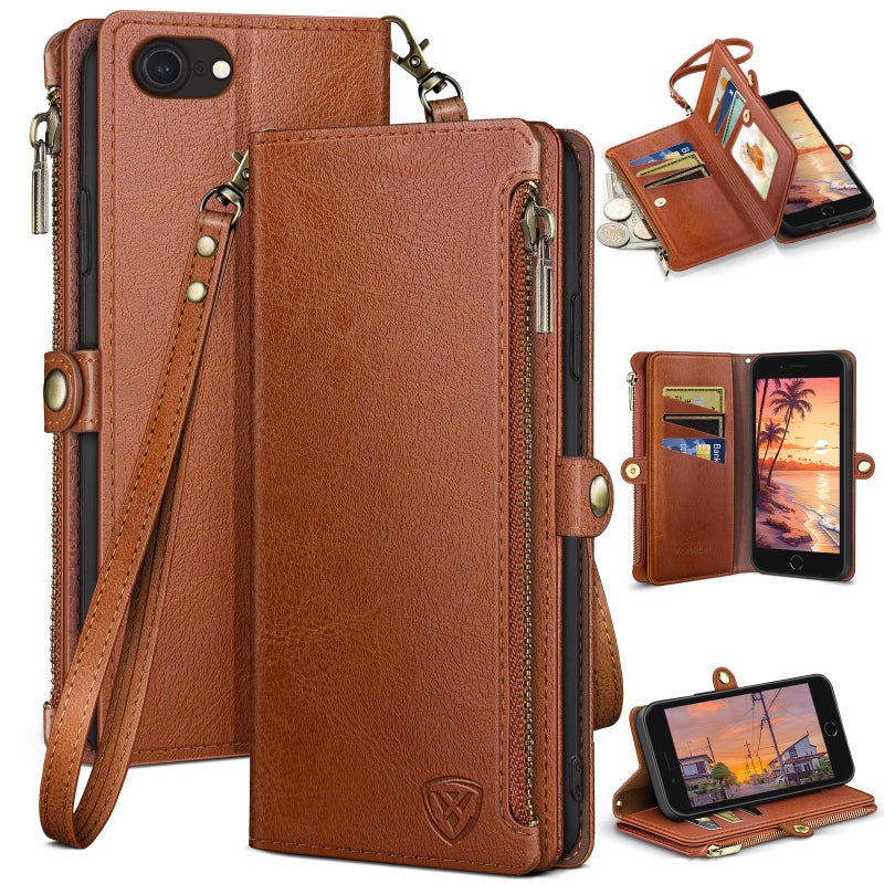 XcaseBar for iPhone SE 3rd/7/8 Wallet case with Zipper Credit Card Holderã€RFID Blockingã€‘, Flip Folio Book PU Leather Phone case Shockproof Cover Women Men for Apple SE case Light Brown - Image 1