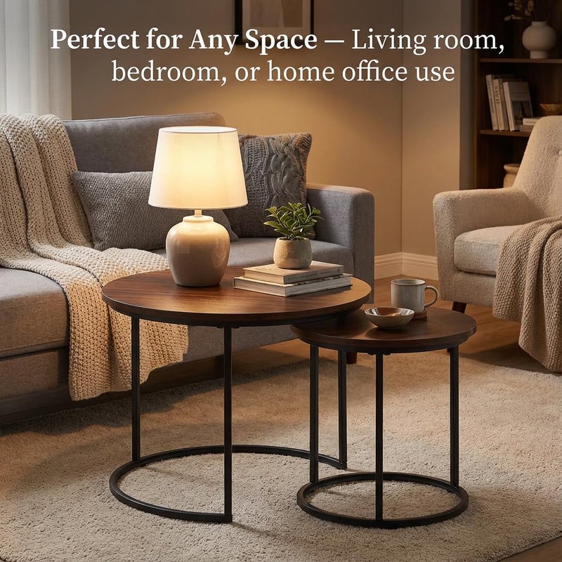 Cuizehua Round Nesting Coffee Table Set of 2, Modern Marble Pattern Wooden Nesting Tables, Stacking Minimalist End Table for Living Room Bedroom Small Space, Wood Brown and Black - Image 3