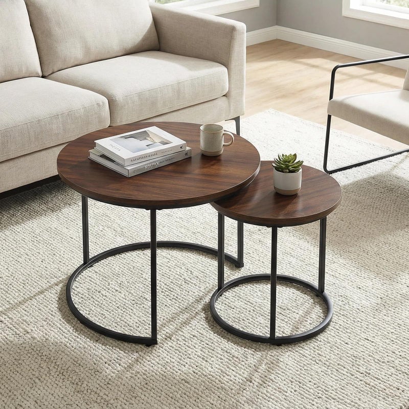 Cuizehua Round Nesting Coffee Table Set of 2, Modern Marble Pattern Wooden Nesting Tables, Stacking Minimalist End Table for Living Room Bedroom Small Space, Wood Brown and Black - Image 1