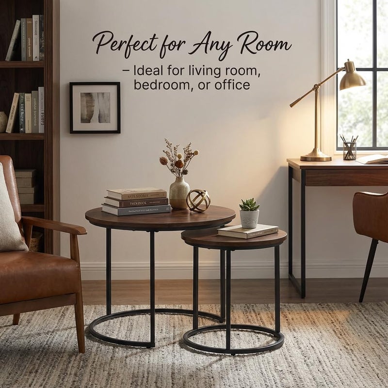 Cuizehua Round Nesting Coffee Table Set of 2, Modern Marble Pattern Wooden Nesting Tables, Stacking Minimalist End Table for Living Room Bedroom Small Space, Wood Brown and Black - Image 2