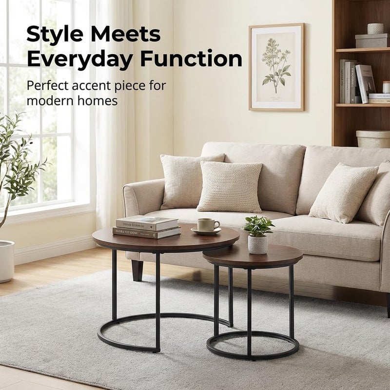 Cuizehua Round Nesting Coffee Table Set of 2, Modern Marble Pattern Wooden Nesting Tables, Stacking Minimalist End Table for Living Room Bedroom Small Space, Wood Brown and Black - Image 5
