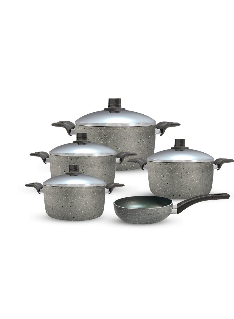 trueval Premium Granite 9-Piece Set (18-20-24-28 cm Pots - 26 cm Frying Pan) Stainless Steel Lid