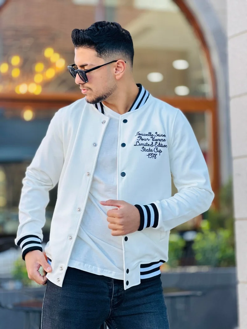 Miron Ecru Pique Textured Embroidery Detailed Regular Fit College Jacket