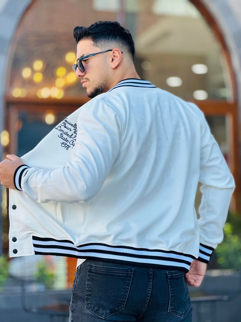 Miron Ecru Pique Textured Embroidery Detailed Regular Fit College Jacket