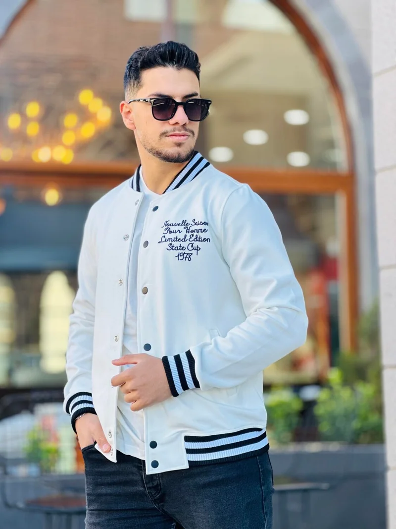 Miron Ecru Pique Textured Embroidery Detailed Regular Fit College Jacket