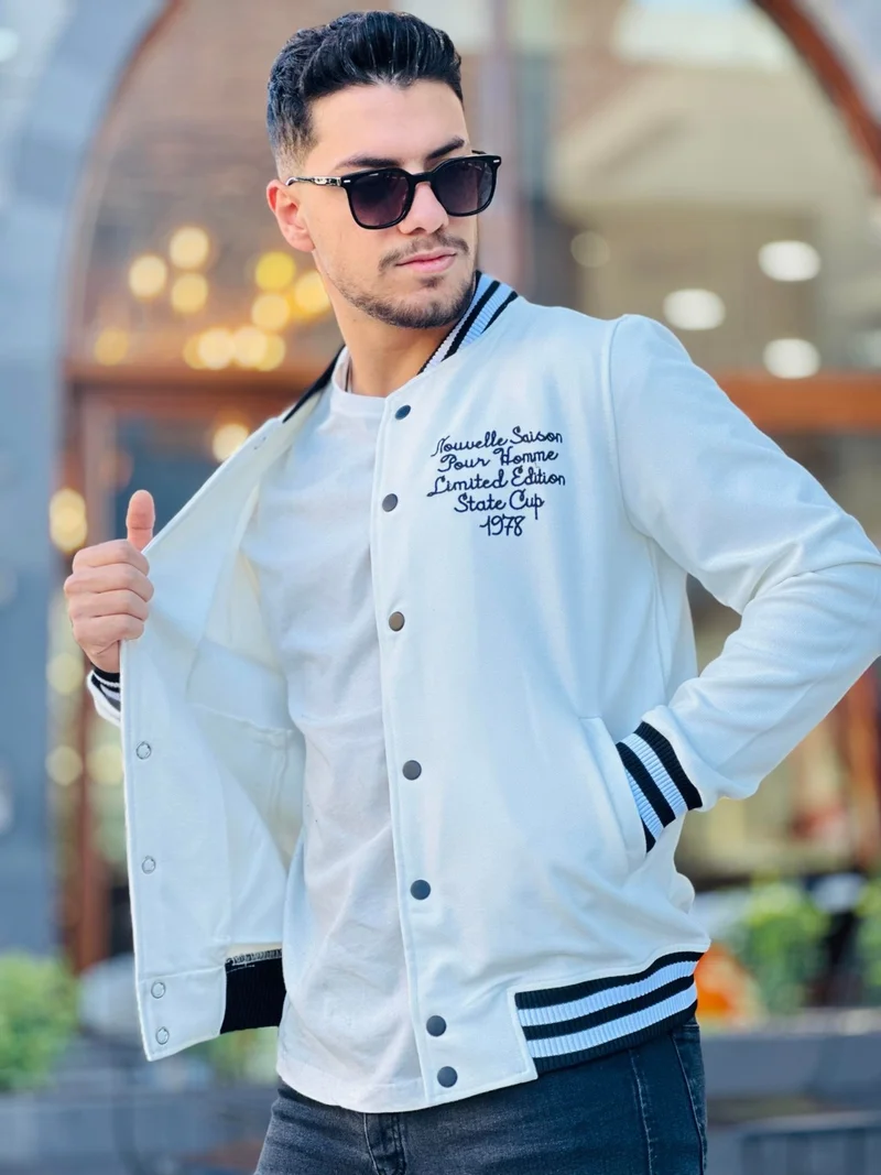 Miron Ecru Pique Textured Embroidery Detailed Regular Fit College Jacket
