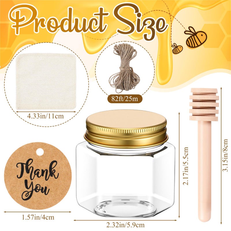 Funnymoom 30 Set 2.5oz Mini Honey Jars with Wooden Dipper and Muslin Cloth Covers Plastic Honey Jars with Gold Lids Hang Tags Decorative Jute Rope for Wedding Birthday Party (Classic) - Image 2