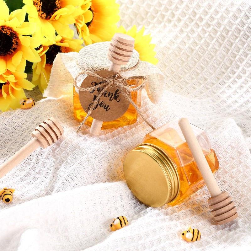 Funnymoom 30 Set 2.5oz Mini Honey Jars with Wooden Dipper and Muslin Cloth Covers Plastic Honey Jars with Gold Lids Hang Tags Decorative Jute Rope for Wedding Birthday Party (Classic) - Image 3