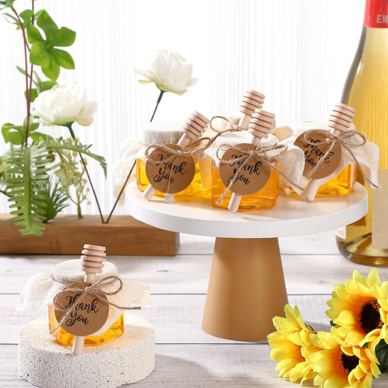 Funnymoom 30 Set 2.5oz Mini Honey Jars with Wooden Dipper and Muslin Cloth Covers Plastic Honey Jars with Gold Lids Hang Tags Decorative Jute Rope for Wedding Birthday Party (Classic) - Image 4