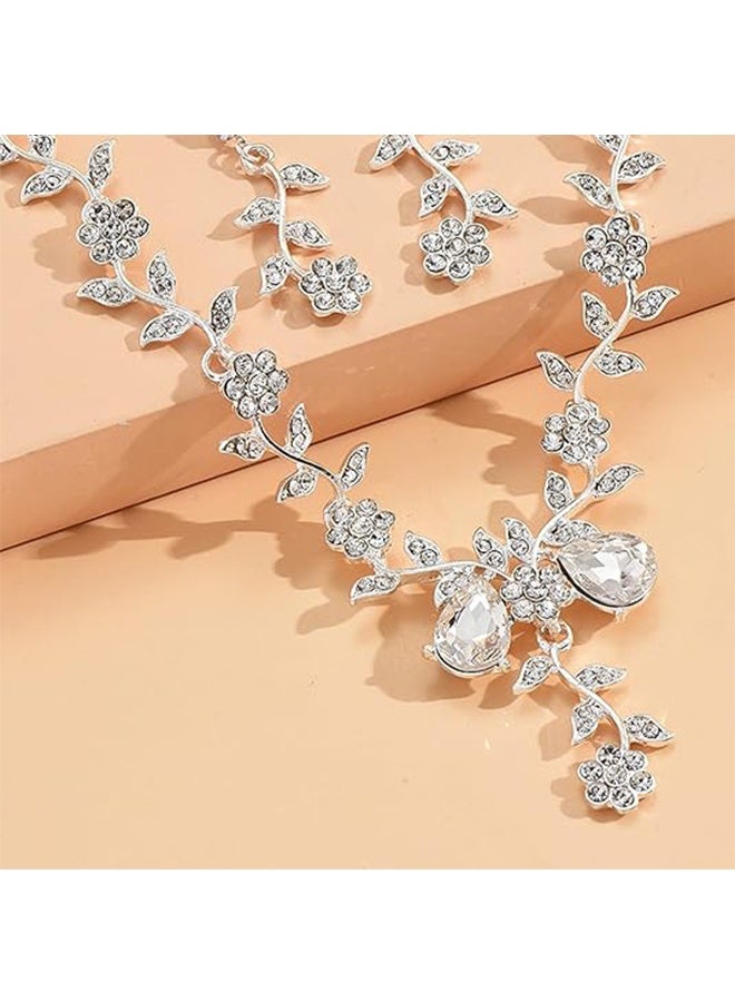 Silver Jewelry Set Prom Necklace Bracelet Earrings Rhinestone Costume Jewelry for Women Bridal Jewelry Set for Wedding Prom Dresses - Image 4