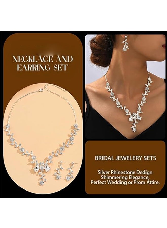 Silver Jewelry Set Prom Necklace Bracelet Earrings Rhinestone Costume Jewelry for Women Bridal Jewelry Set for Wedding Prom Dresses - Image 3