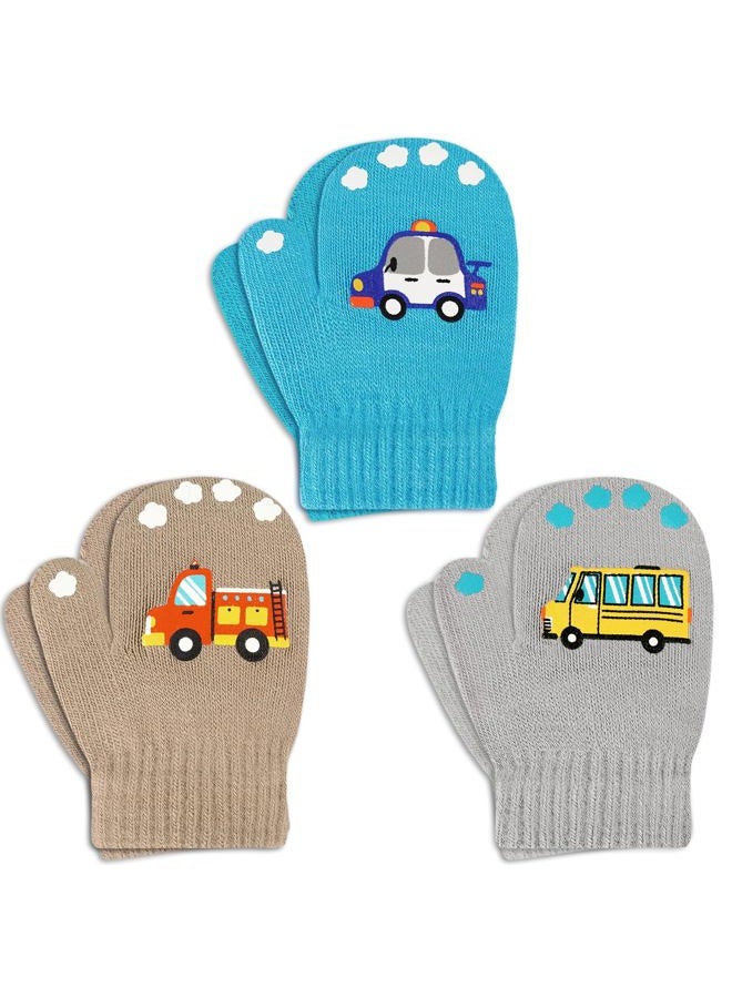 WAWSAM 3 Pairs Kids Knitted Mittens Toddler Winter Gloves Boys Stretch Mittens Magic Full Finger Warm Mittens (3 Pairs-Car) - Image 1