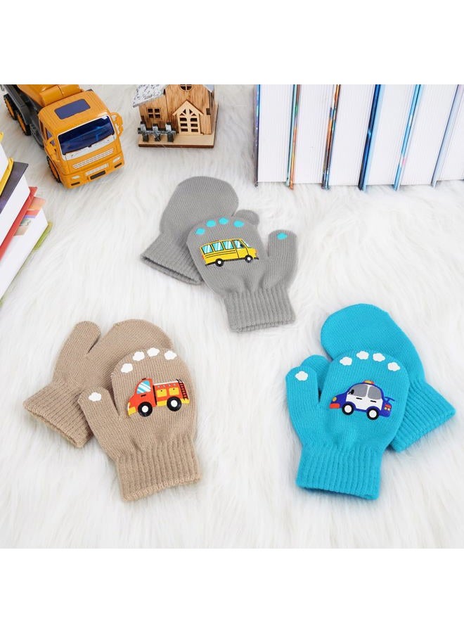 WAWSAM 3 Pairs Kids Knitted Mittens Toddler Winter Gloves Boys Stretch Mittens Magic Full Finger Warm Mittens (3 Pairs-Car) - Image 4