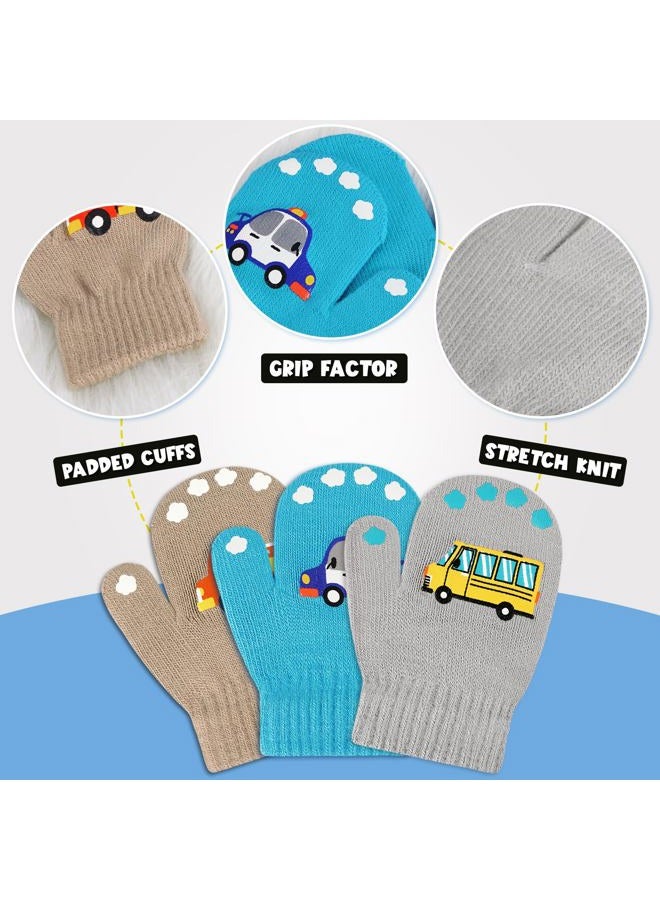 WAWSAM 3 Pairs Kids Knitted Mittens Toddler Winter Gloves Boys Stretch Mittens Magic Full Finger Warm Mittens (3 Pairs-Car) - Image 3