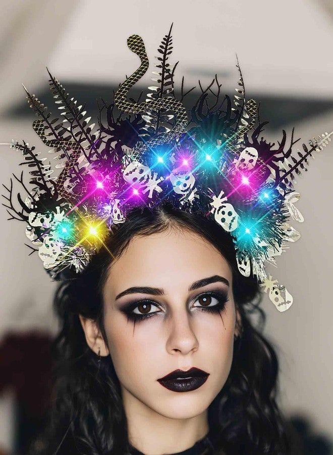 كامبسيس طوق رأس على شكل ثعبان مضيء بتقنية LED من كامبسيس، وعصابات شعر على شكل جمجمة سوداء لامعة من ميدوسا، وإكسسوارات شعر تنكرية ليوم الموتى للنساء - Image 1