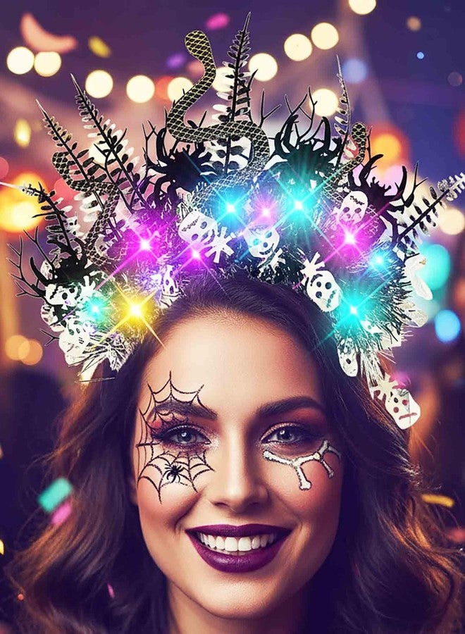 كامبسيس طوق رأس على شكل ثعبان مضيء بتقنية LED من كامبسيس، وعصابات شعر على شكل جمجمة سوداء لامعة من ميدوسا، وإكسسوارات شعر تنكرية ليوم الموتى للنساء - Image 2