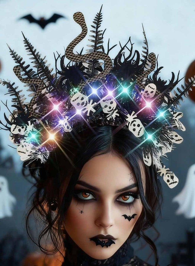 كامبسيس طوق رأس على شكل ثعبان مضيء بتقنية LED من كامبسيس، وعصابات شعر على شكل جمجمة سوداء لامعة من ميدوسا، وإكسسوارات شعر تنكرية ليوم الموتى للنساء - Image 5