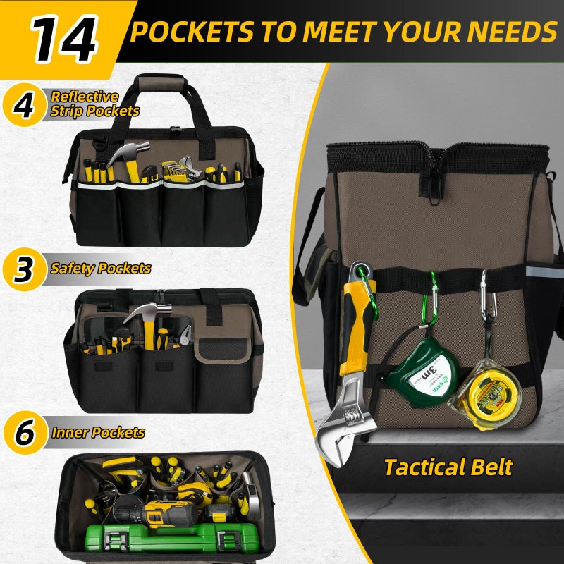 NECKORY Tool Bag, Portable Tool Box Organizer Adjustable Shoulder Strap, Carry Tool Tote Heavy Duty Tool Storage Bag With Wide Mouth,Tool Bags for Men Mechanic EngineerGift - L, Coffee & Black - Image 4