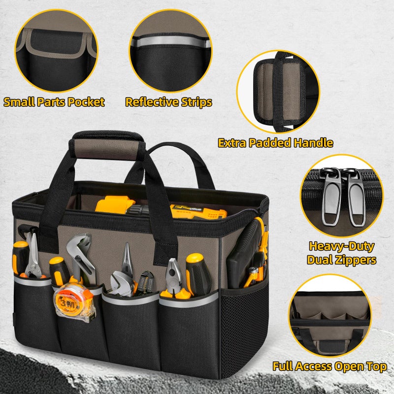 NECKORY Tool Bag, Portable Tool Box Organizer Adjustable Shoulder Strap, Carry Tool Tote Heavy Duty Tool Storage Bag With Wide Mouth,Tool Bags for Men Mechanic EngineerGift - L, Coffee & Black - Image 3