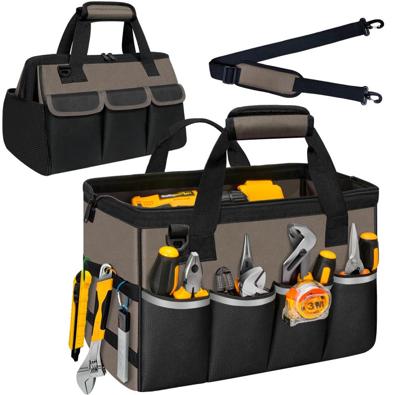 NECKORY Tool Bag, Portable Tool Box Organizer Adjustable Shoulder Strap, Carry Tool Tote Heavy Duty Tool Storage Bag With Wide Mouth,Tool Bags for Men Mechanic EngineerGift - L, Coffee & Black - Image 1