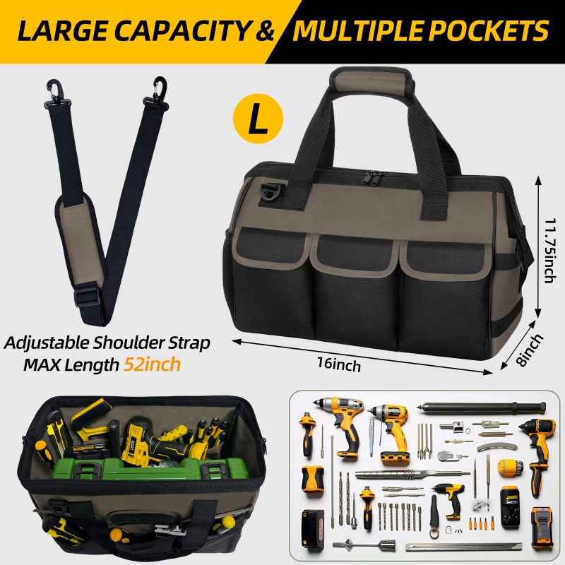 NECKORY Tool Bag, Portable Tool Box Organizer Adjustable Shoulder Strap, Carry Tool Tote Heavy Duty Tool Storage Bag With Wide Mouth,Tool Bags for Men Mechanic EngineerGift - L, Coffee & Black - Image 2