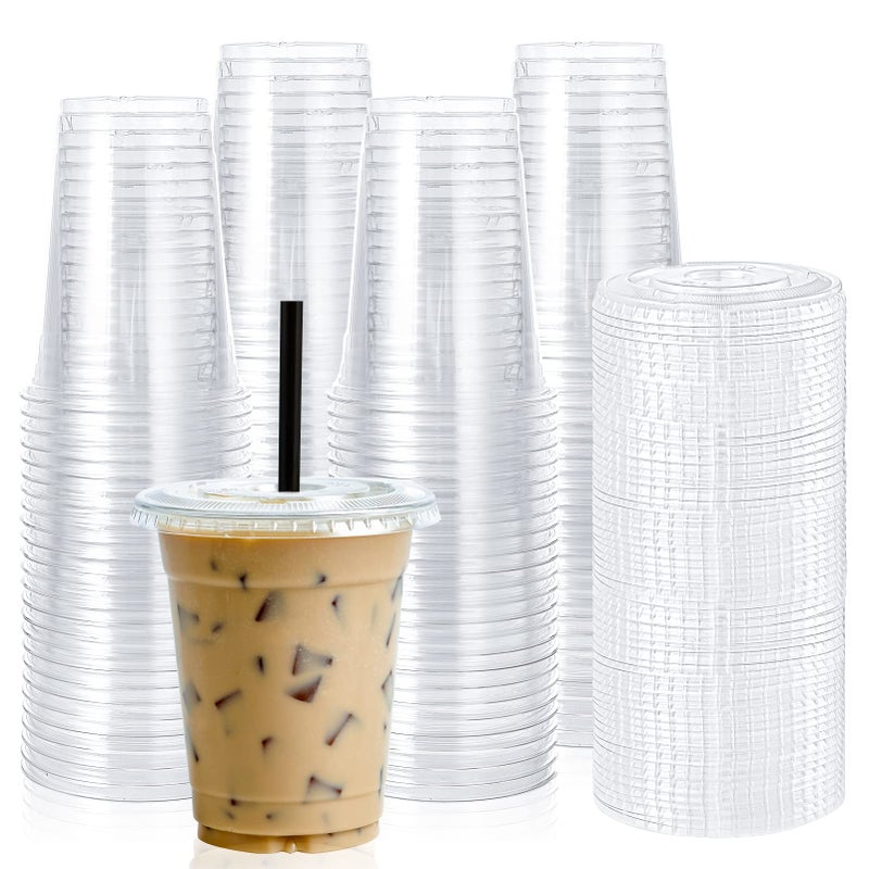 Lilymicky 90 Sets 16 oz Clear Plastic Cups With Flat Lids 16 Ounce Disposable Drinking Cups With Lids for Ice Coffee Smoothie Slurpee or Any Cold Drinks