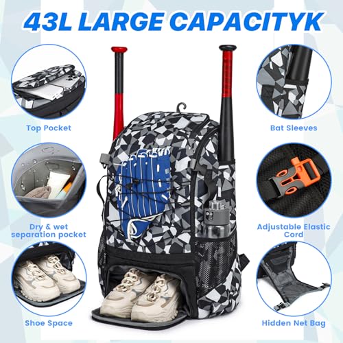GOTECH Softball Bag for Youth & Adults, Baseball Bag with Fence Hook, Lightweight Bat Backpack with Shoe Compartment, Large Main Compartment for Helmet - Image 4