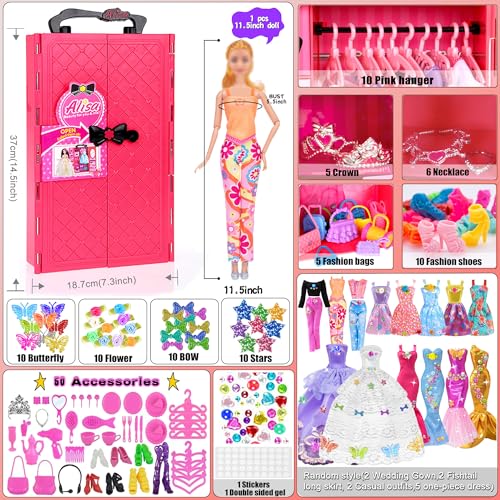 iBayda 139pcs 11.5-inch Fashion Doll and Wardrobe Playset: Wedding Dress, Outfits, Shoes, Bags, Necklace, DIY Stickers Accessories - Image 2