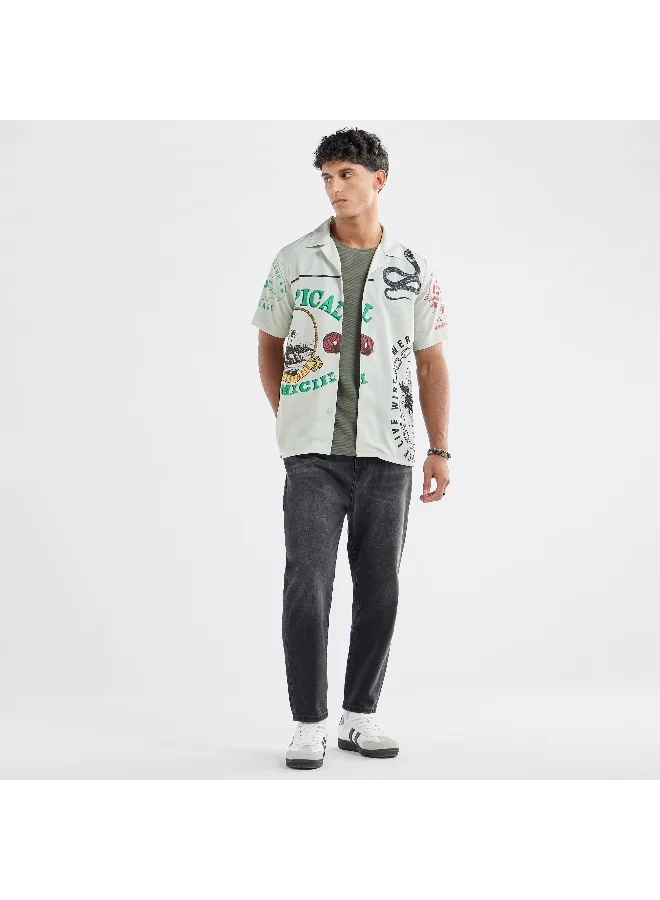 Splash FAV All-Over Graphic Print Shirt with Camp Collar and Short Sleeves
