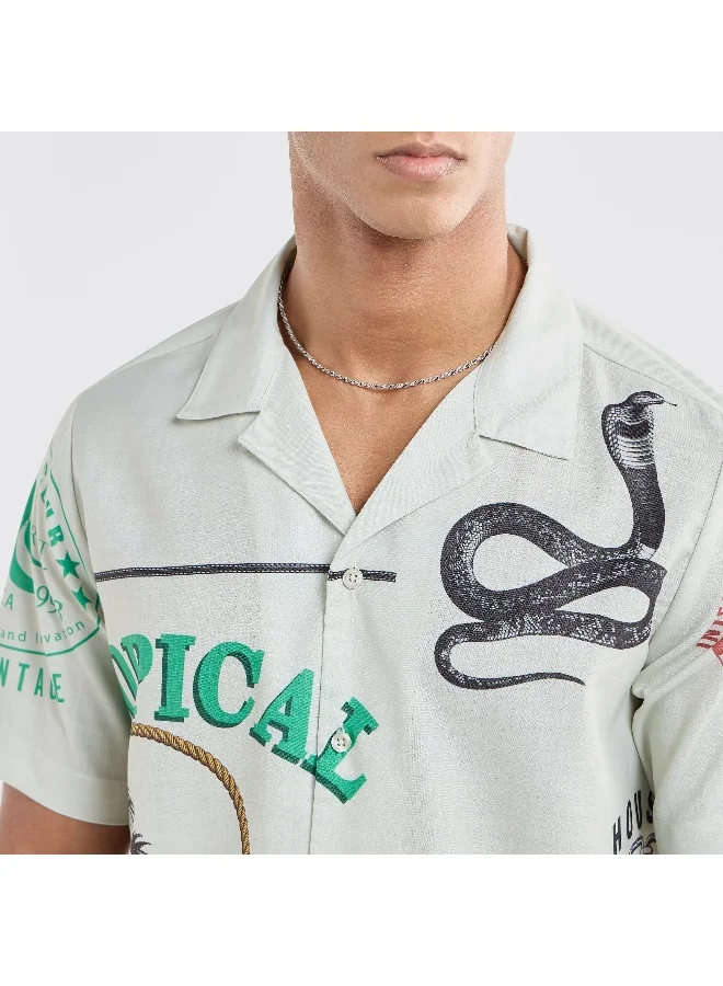 Splash FAV All-Over Graphic Print Shirt with Camp Collar and Short Sleeves