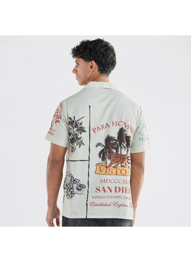 FAV All-Over Graphic Print Shirt with Camp Collar and Short Sleeves