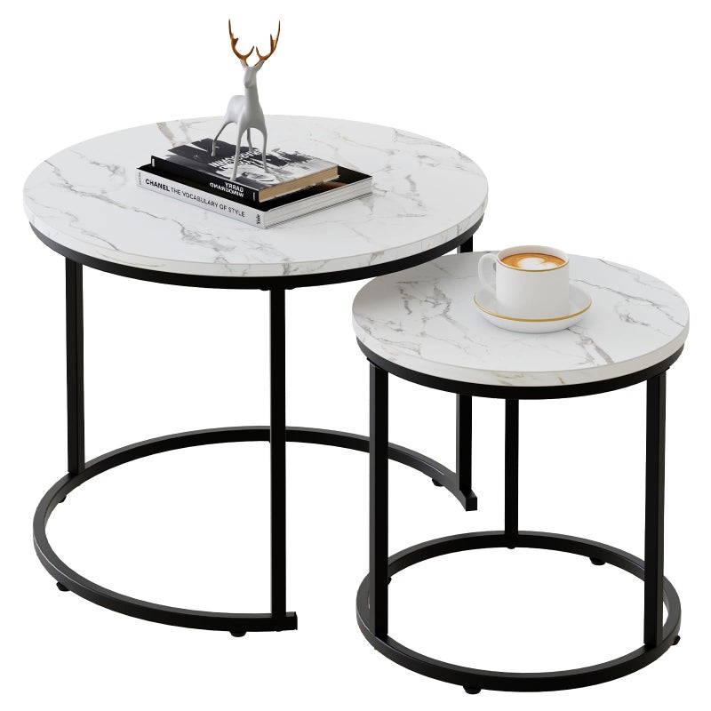 aboxoo Round Nesting Coffee Table Side Table Set of 2 End Tables for Living Room Bedroom Balcony White Faux Marble Wooden Table Accent Coffee Table with Black Steel Frame